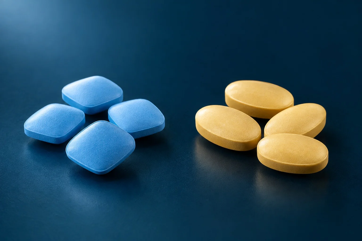 Unbranded blue rounded-diamond and pale-gold oval tablets on a dark studio surface