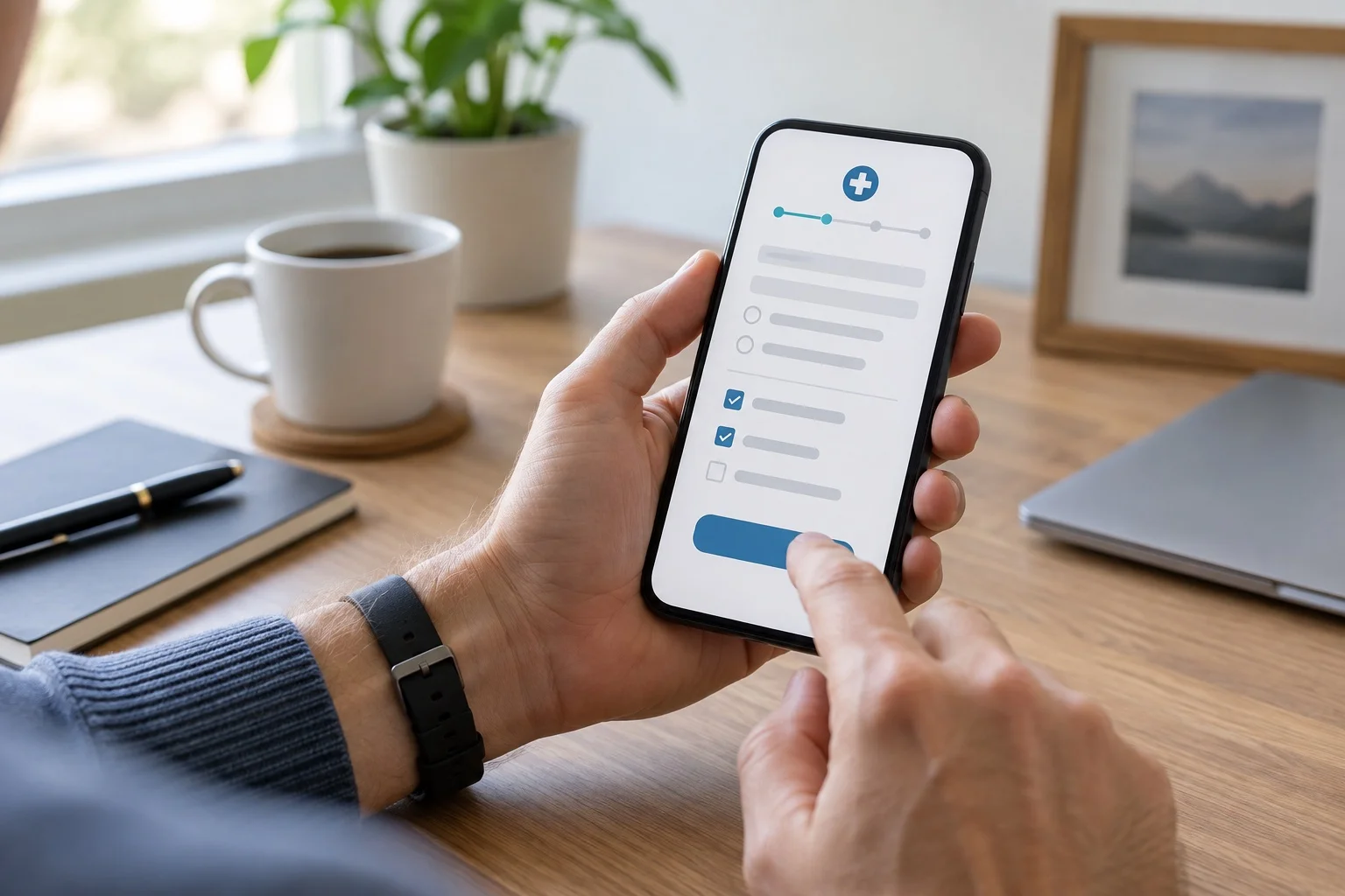 Adult completing a private medical questionnaire on a smartphone