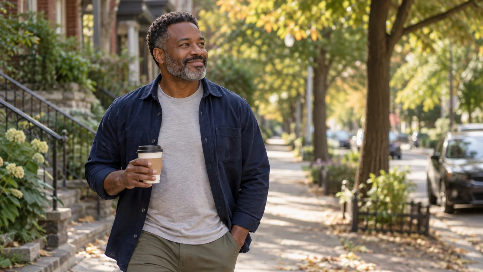 Relaxed adult man outdoors in a Canadian neighbourhood